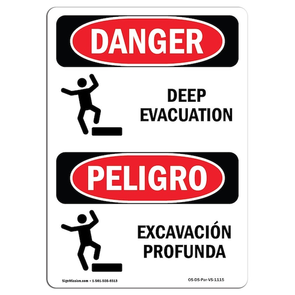 Safety Sign, OSHA Danger, 5" Height, Deep Evacuation Bilingual Spanish, 10PK